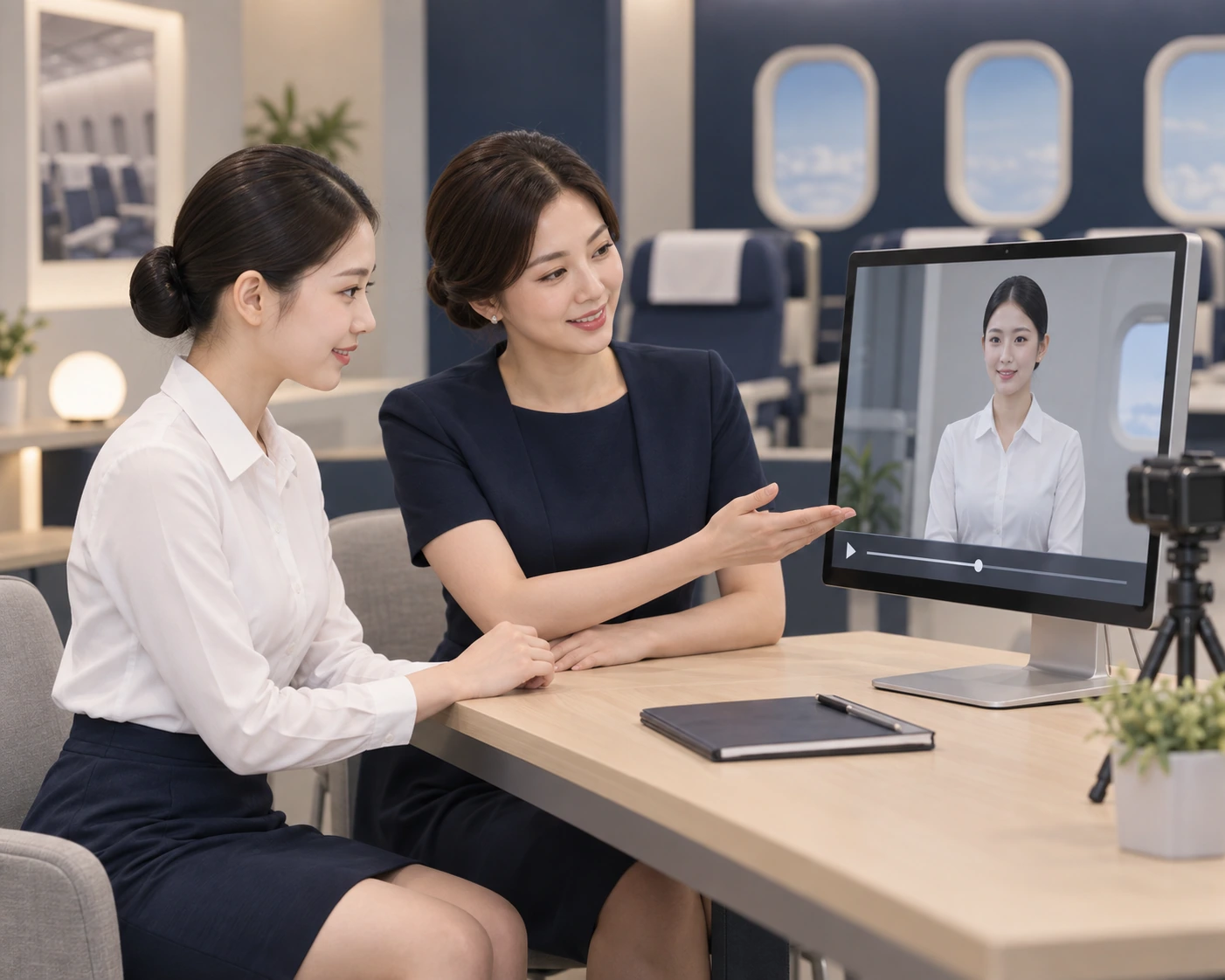 모의면접 촬영 영상을 보며 강사의 피드백을 받는 학생을 표현한 이미지