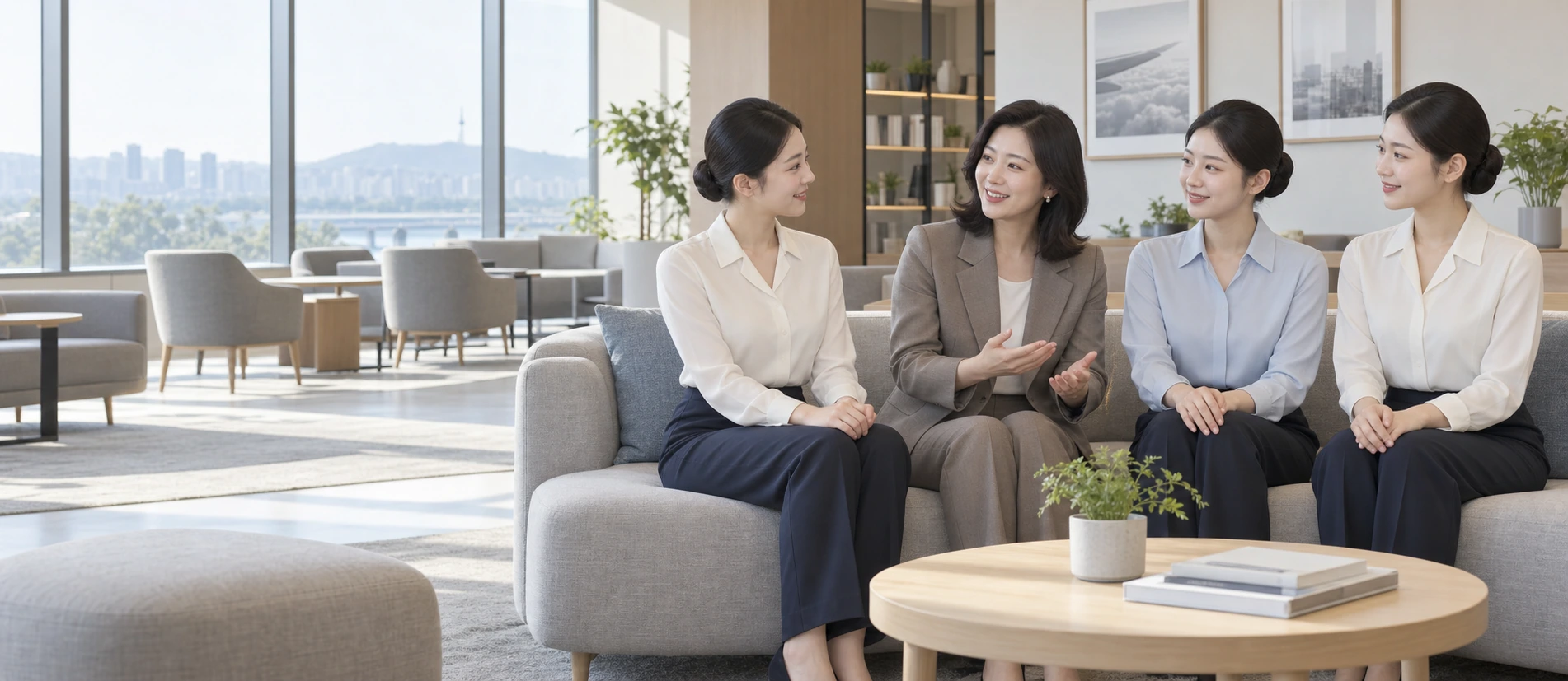 학원 휴식 공간의 소파에 강사와 여학생 세 명이 앉아 웃으며 대화하는 모습을 넓은 구도로 표현한 AI 화보