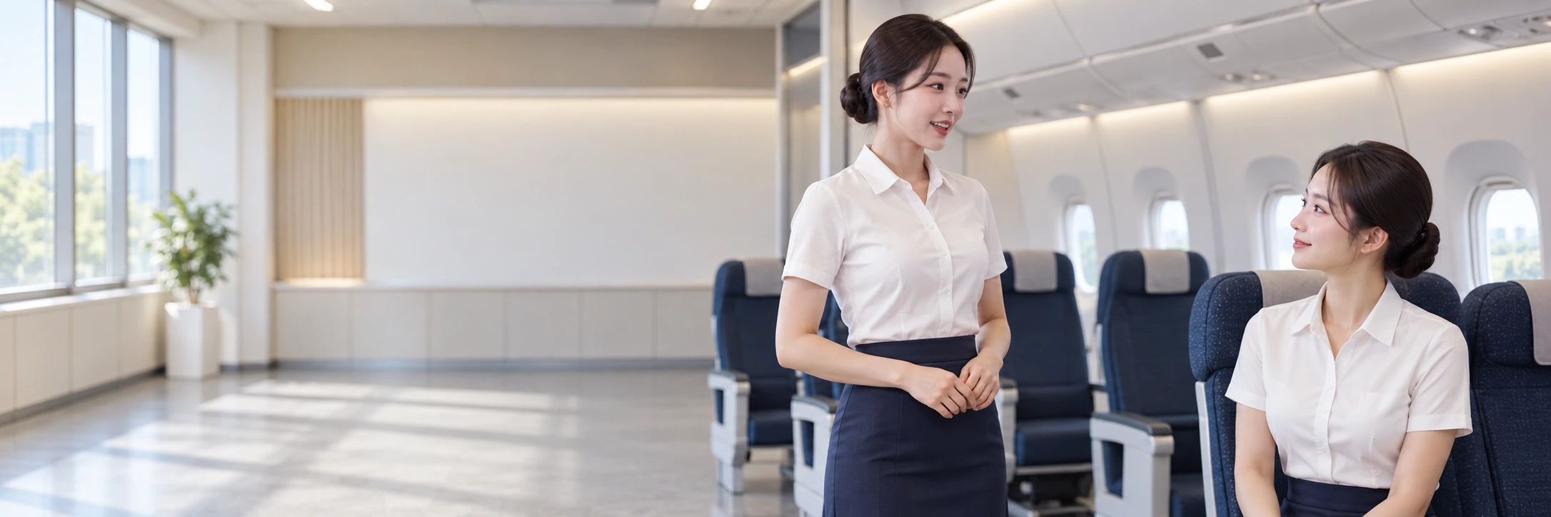 캐빈 실습실에서 또래 여학생 두 명이 자기소개를 연습하고 서로 들어주는 장면을 표현한 AI 화보