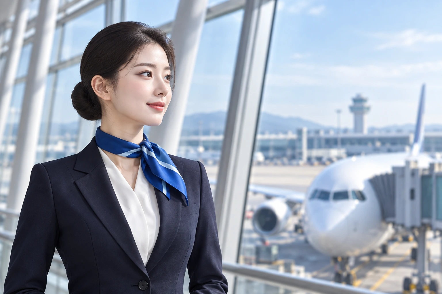 공항 탑승구와 항공기를 바라보는 승무원 광고 화보