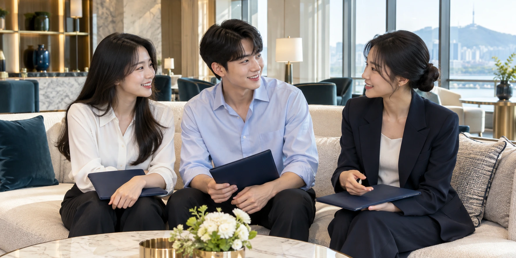 호텔 라운지에서 진학의 기쁨을 나누는 가상 학생 세 명의 연출 이미지