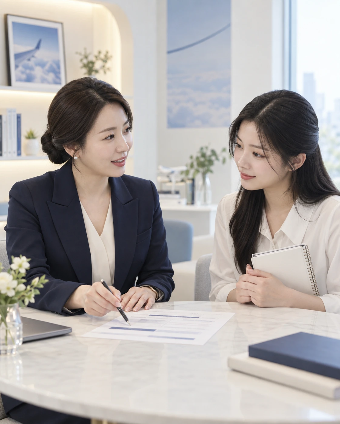 강사와 학생이 학습 계획을 놓고 면담하는 연출 이미지