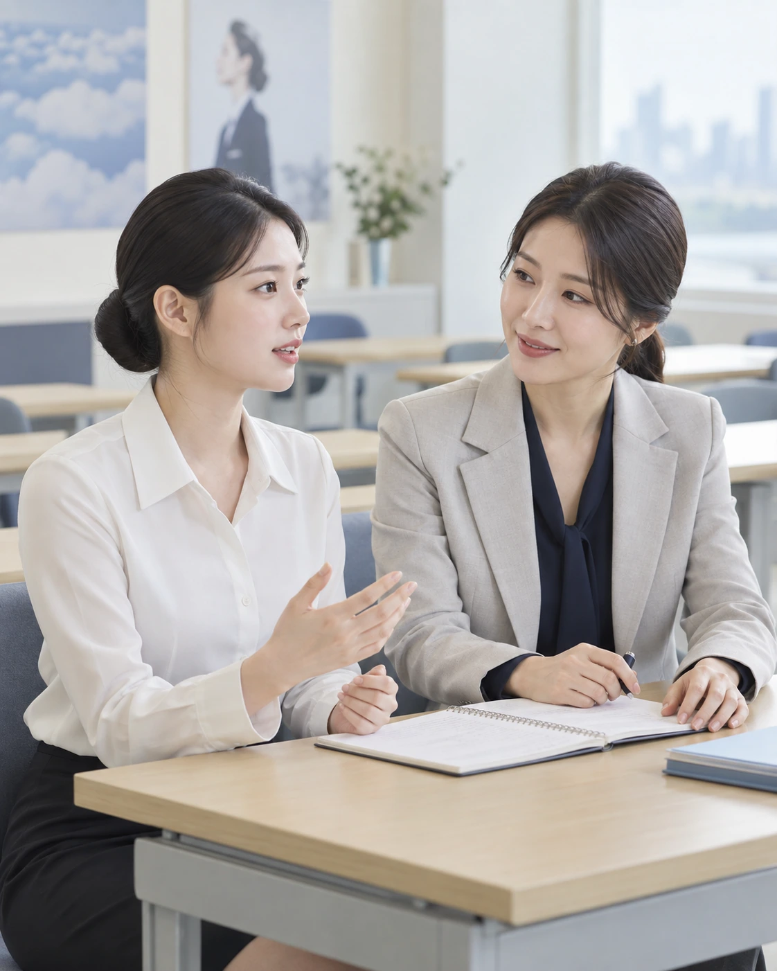 학생의 답변을 듣고 노트를 함께 확인하는 책임강사의 연출 이미지