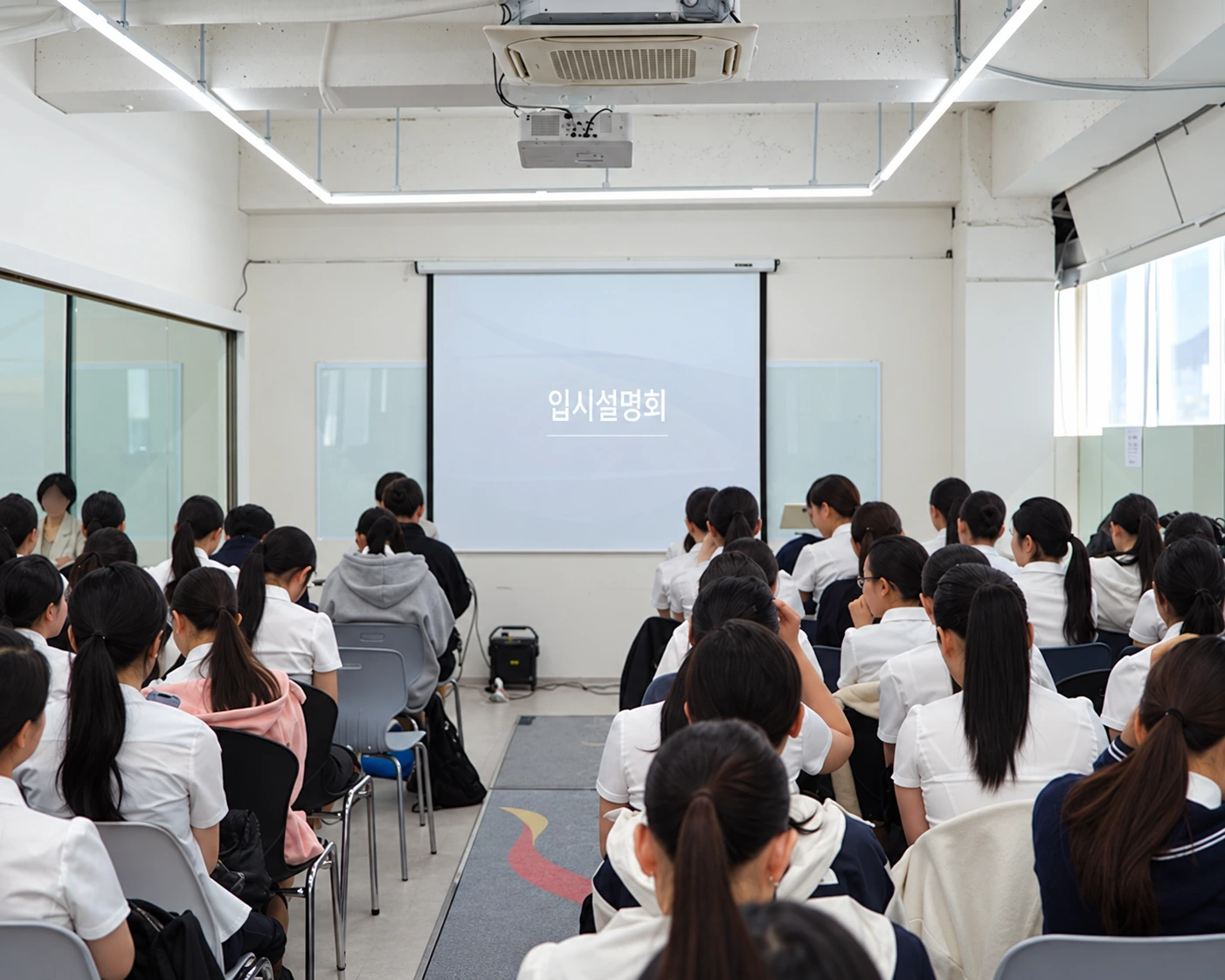 입시설명회 원본 사진의 교실과 참석자 배치를 바탕으로 밝기와 색감을 보강한 이미지
