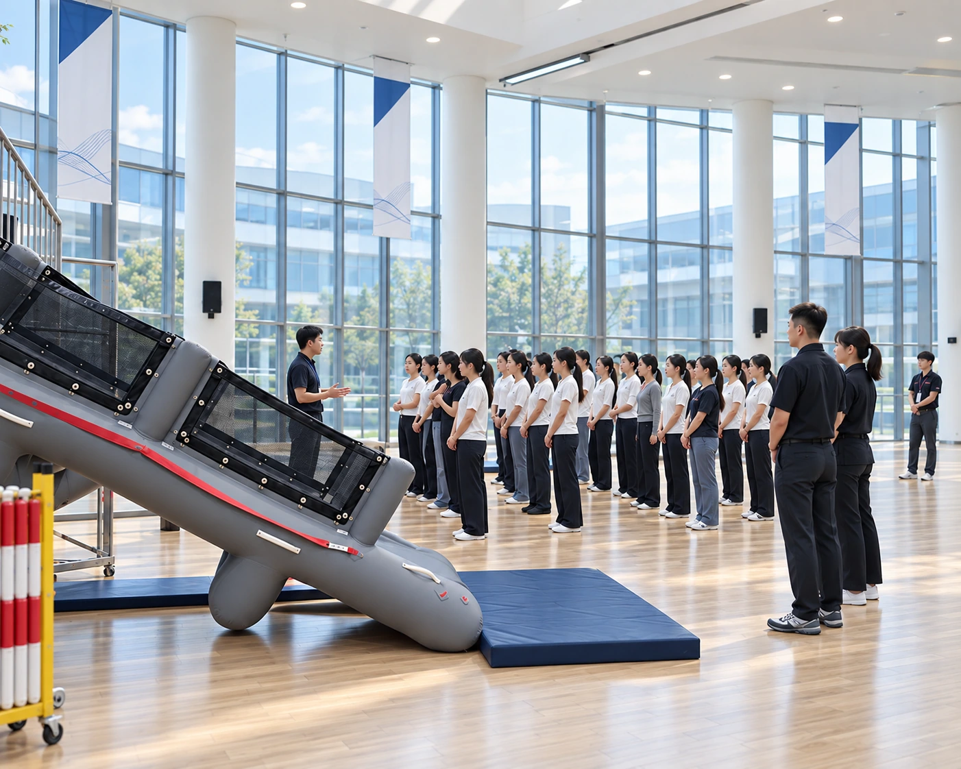 항공사 훈련장에서 강사의 설명을 듣는 학생들을 광고 사진 구도로 재구성한 이미지