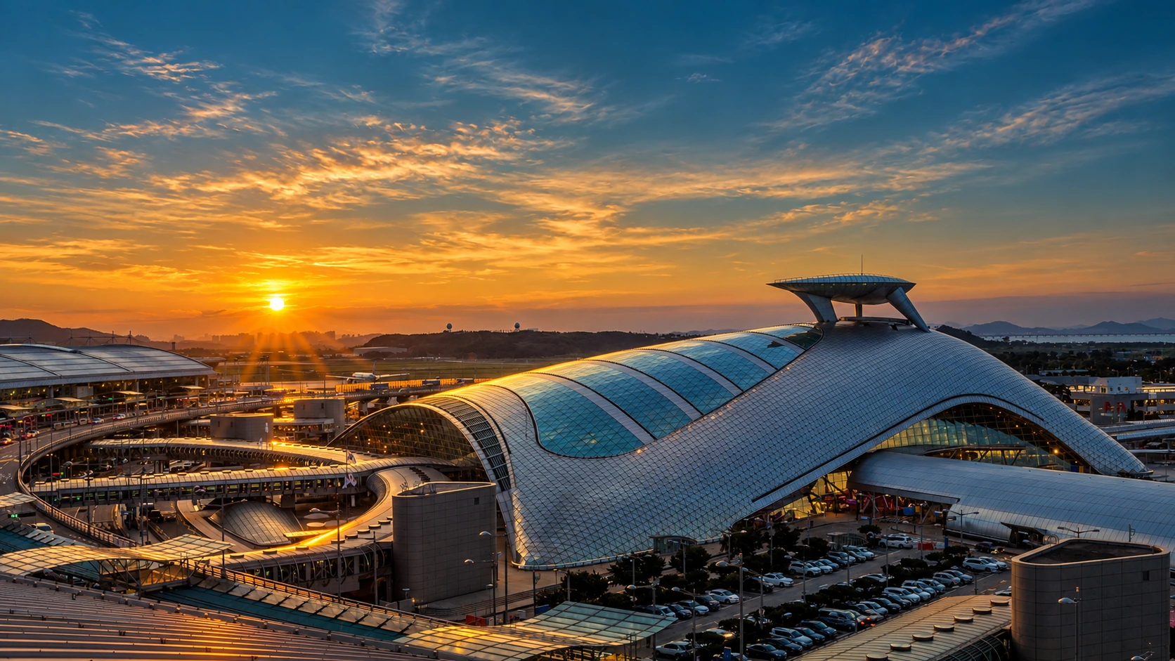 노을빛이 물든 인천공항 터미널 전경